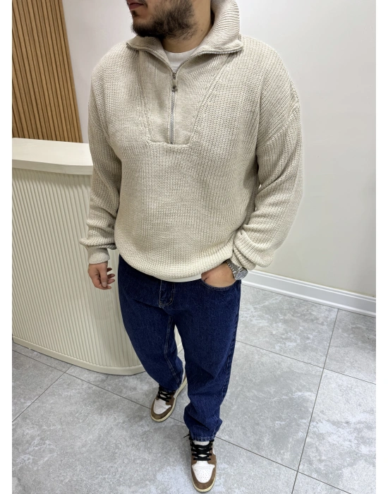 Fermuar Yakalı Triko Vizon