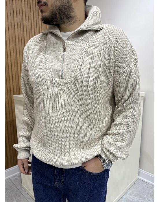 Fermuar Yakalı Triko Vizon