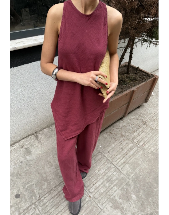 Sıfır Kollu Bluzlu Bordo Takım