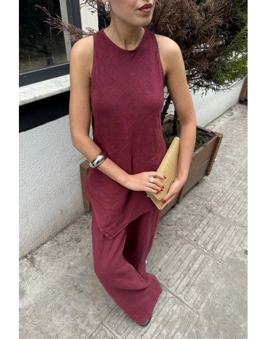 Sıfır Kollu Bluzlu Bordo Takım