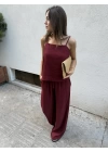 Askılı Bluz Pantolon Bordo Takım