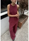 Sıfır Kollu Bluzlu Bordo Takım