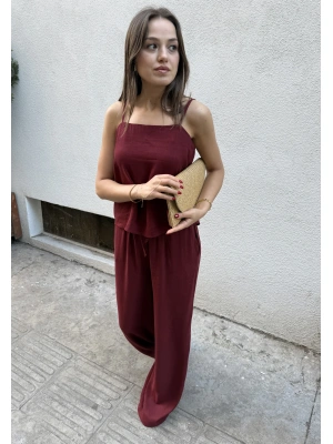 Askılı Bluz Pantolon Bordo Takım