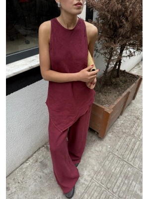 Sıfır Kollu Bluzlu Bordo Takım