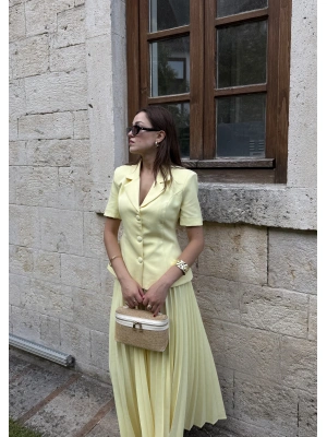 Vatkalı Ceket Piliseli Etek Takım Sarı