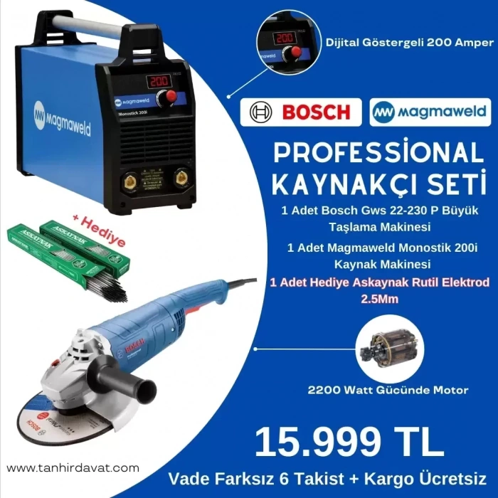 Professional Kaynakçı Seti Bosch Gws 22-230 P Büyük Taşlama Makinesi & Magmaweld Monostick 200i Taşınabilir Elektrod Kaynak Makinesi & Askaynak Elektrod