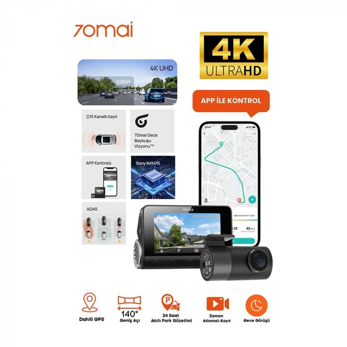 70MAI A800S-1 4K Araç İçi Kamera + RC06 Arka Kamera Set (Siyah)