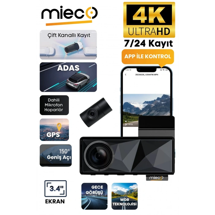 Mieco A11 Wifi 4K UHD GPS Adas Özellikli Araç Kamerası + Arka Kamera