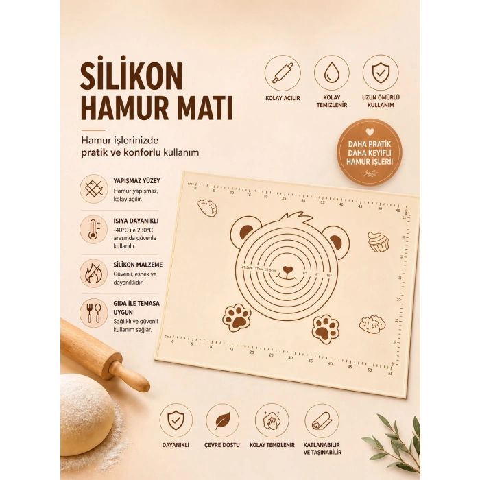 Pionny Büyük Boy Silikon Hamur Matı 35X55cm - Krem