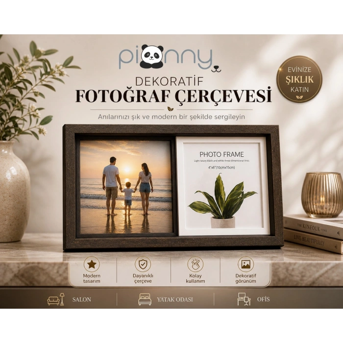 Pionny 2 Fotoğraflı Orta Boy Çift Sürgülü Dekoratif Ahşap Çerçeve 10x15 cm – Koyu Kahve