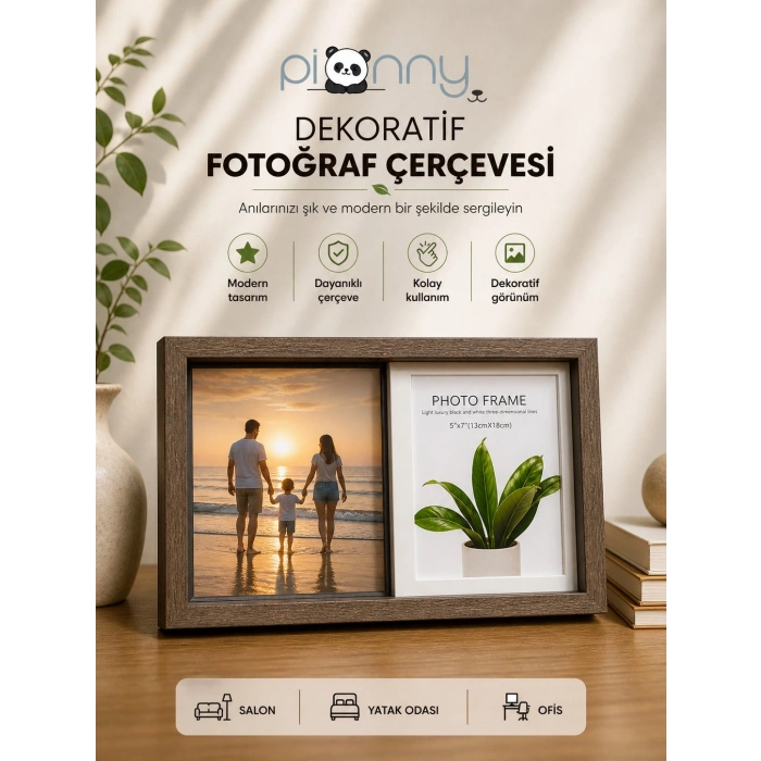 Pionny 2 Fotoğraflı Büyük Boy Çift Sürgülü Dekoratif Ahşap Çerçeve 13x18 cm – Koyu Kahve