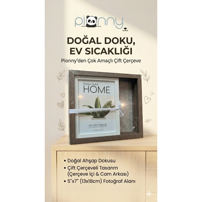 Pionny 2 Fotoğraflı Büyük Boy Çift Sürgülü Dekoratif Ahşap Çerçeve 13x18 cm – Koyu Kahve