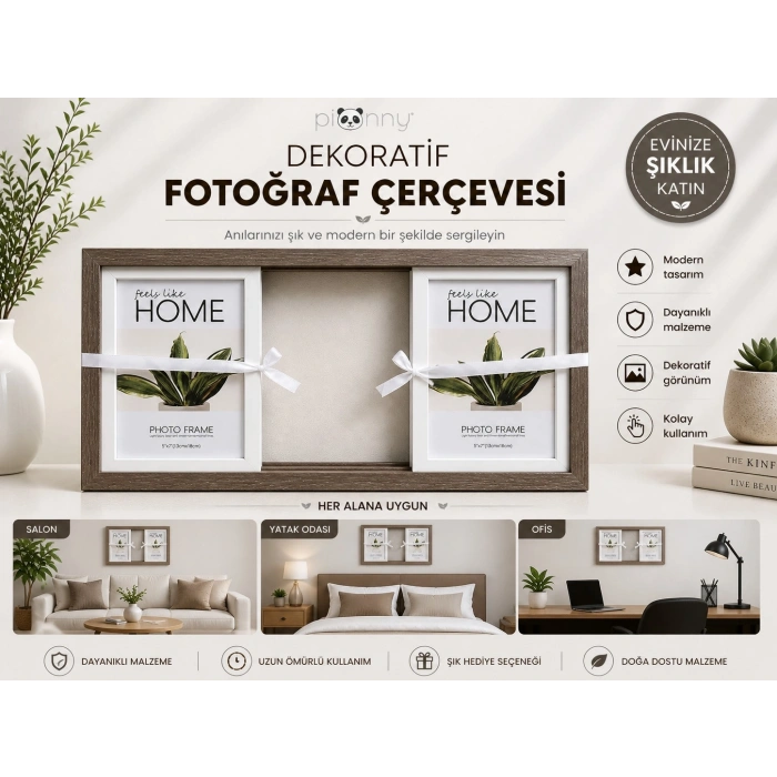 Pionny 3 Fotoğraflı Büyük Boy Çift Sürgülü Dekoratif Ahşap Çerçeve 13x18 cm – Koyu Kahve