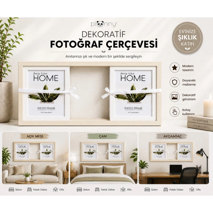 Pionny 3 Fotoğraflı Büyük Boy Sürgülü Dekoratif Ahşap Çerçeve 13x18 cm – Açık Kahve Çam