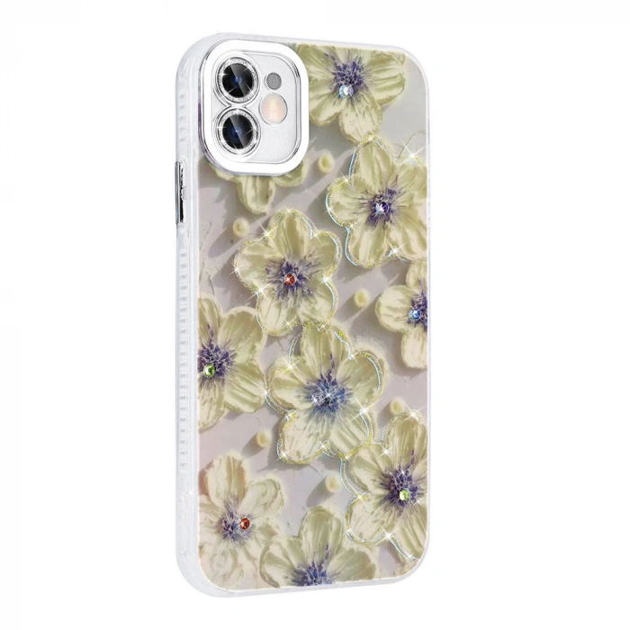 Apple iPhone 11 Kılıf Çiçek Desenli Parlak Taşlı Sert Silikon Zore Garden Kapak
