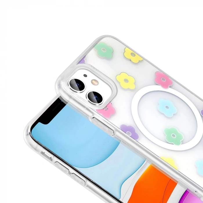 Apple iPhone 11 Kılıf M-Safe Şarj Özellikli Şeffaf Zore Folk Sert Kapak