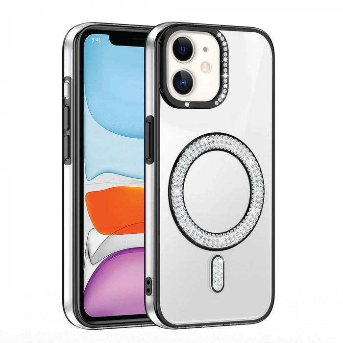 Apple iPhone 11 Kılıf Pırlanta Taş Tasarımlı M-safe Şarj Özellikli Zore Karetta Silikon Kapak
