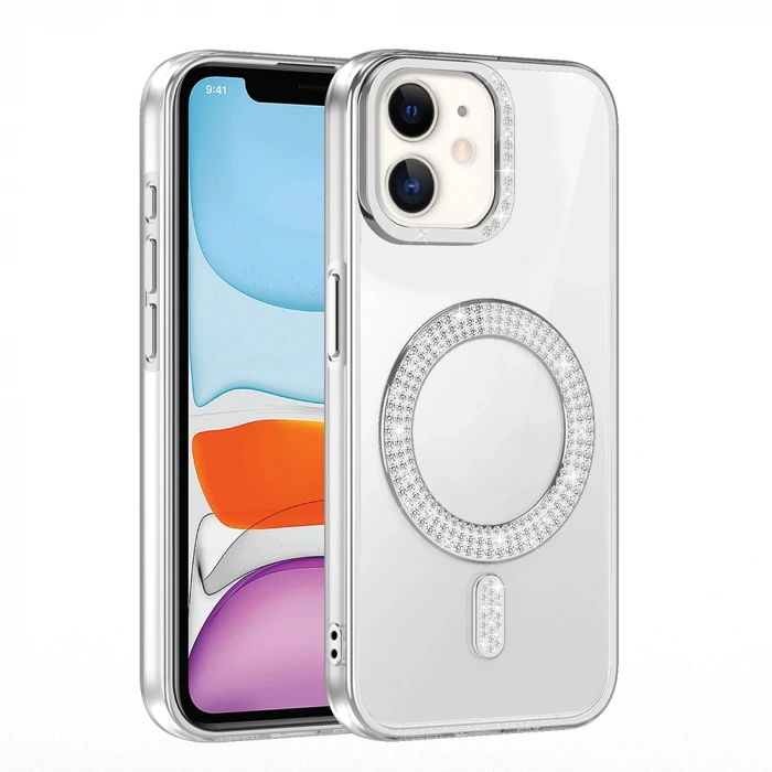 Apple iPhone 11 Kılıf Pırlanta Taş Tasarımlı M-safe Şarj Özellikli Zore Karetta Silikon Kapak