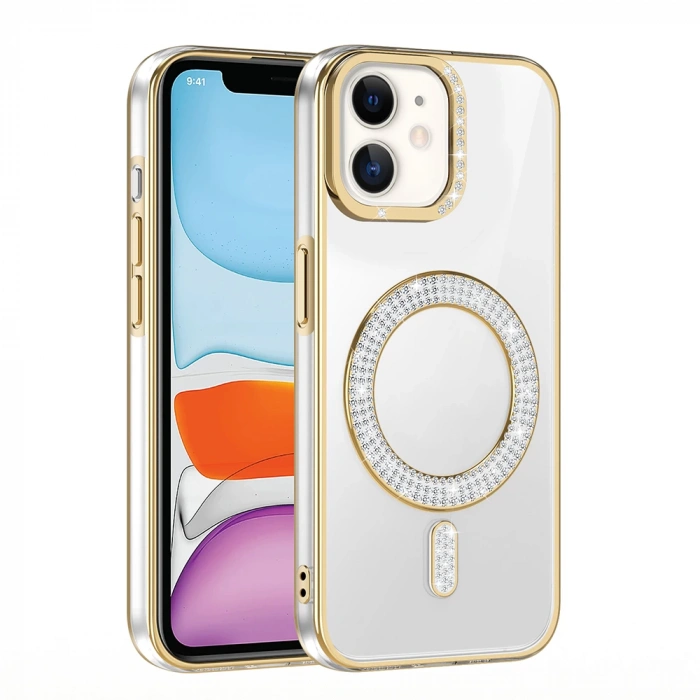 Apple iPhone 11 Kılıf Pırlanta Taş Tasarımlı M-safe Şarj Özellikli Zore Karetta Silikon Kapak