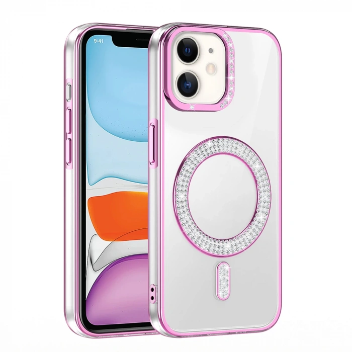 Apple iPhone 11 Kılıf Pırlanta Taş Tasarımlı M-safe Şarj Özellikli Zore Karetta Silikon Kapak