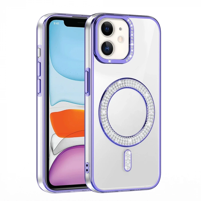 Apple iPhone 11 Kılıf Pırlanta Taş Tasarımlı M-safe Şarj Özellikli Zore Karetta Silikon Kapak