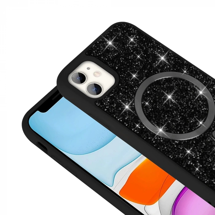 Apple iPhone 11 Kılıf Pırlanta Tasarımlı M-safe Şarj Özellikli Zore Mozaik Silikon Kapak