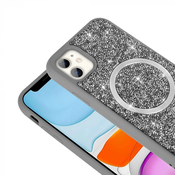 Apple iPhone 11 Kılıf Pırlanta Tasarımlı M-safe Şarj Özellikli Zore Mozaik Silikon Kapak