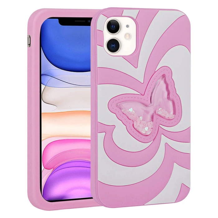 Apple iPhone 11 Kılıf Sıvılı Simli Kelebekli Tasarım Zore Vodena Kapak