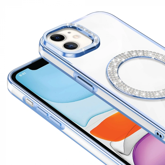 Apple iPhone 12 Kılıf Pırlanta Taş Tasarımlı M-safe Şarj Özellikli Zore Karetta Silikon Kapak