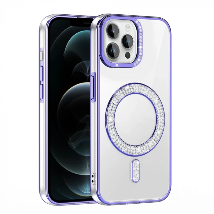 Apple iPhone 12 Pro Kılıf Pırlanta Taş Tasarımlı M-safe Şarj Özellikli Zore Karetta Silikon Kapak