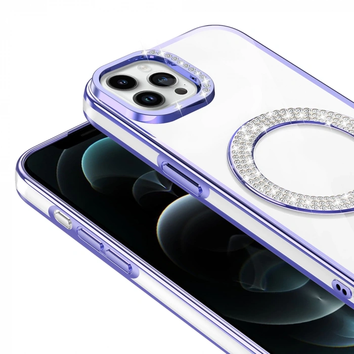 Apple iPhone 12 Pro Kılıf Pırlanta Taş Tasarımlı M-safe Şarj Özellikli Zore Karetta Silikon Kapak