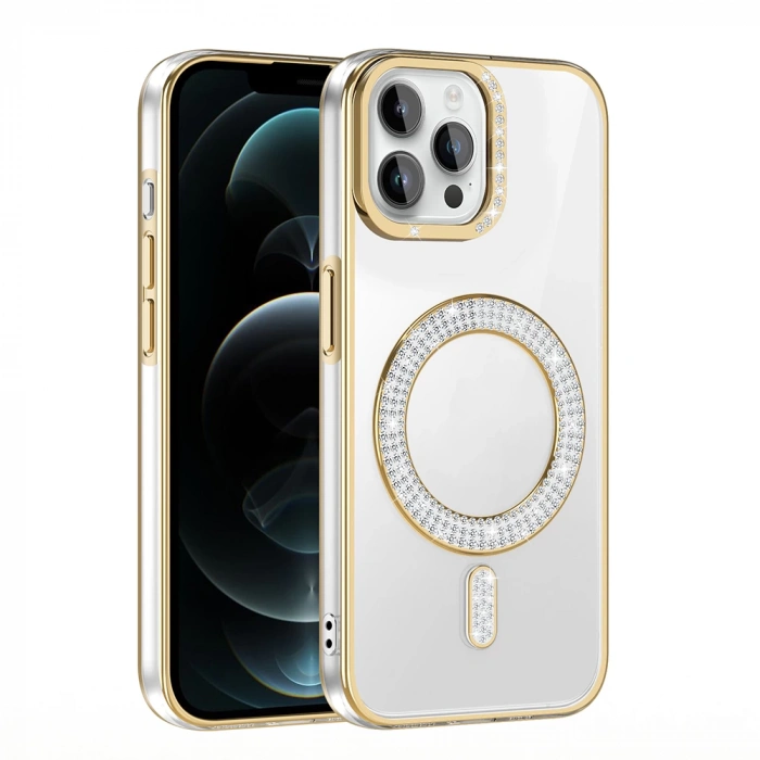 Apple iPhone 12 Pro Kılıf Pırlanta Taş Tasarımlı M-safe Şarj Özellikli Zore Karetta Silikon Kapak