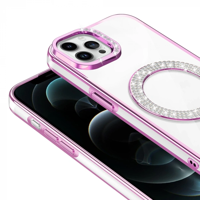 Apple iPhone 12 Pro Kılıf Pırlanta Taş Tasarımlı M-safe Şarj Özellikli Zore Karetta Silikon Kapak