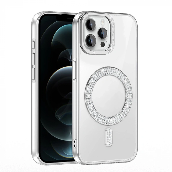 Apple iPhone 12 Pro Kılıf Pırlanta Taş Tasarımlı M-safe Şarj Özellikli Zore Karetta Silikon Kapak