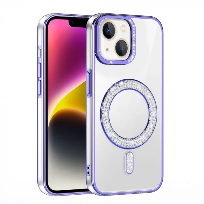 Apple iPhone 13 Kılıf Pırlanta Taş Tasarımlı M-safe Şarj Özellikli Zore Karetta Silikon Kapak