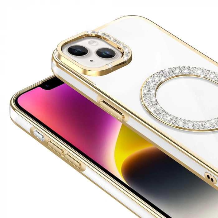 Apple iPhone 13 Kılıf Pırlanta Taş Tasarımlı M-safe Şarj Özellikli Zore Karetta Silikon Kapak