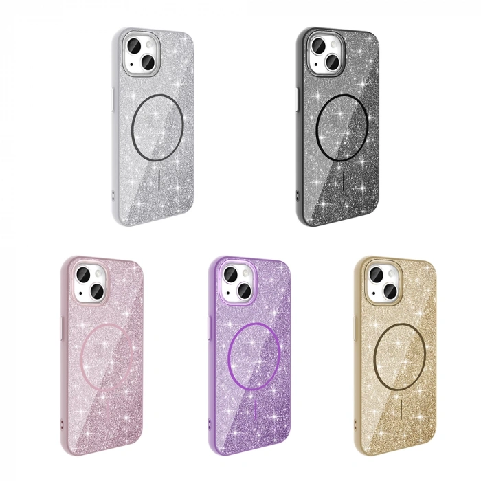 Apple iPhone 14 Kılıf M-safe Şarj Özellikli Parlayan Simli Zore Okso Kapak