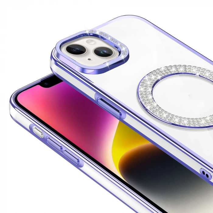 Apple iPhone 14 Kılıf Pırlanta Taş Tasarımlı M-safe Şarj Özellikli Zore Karetta Silikon Kapak