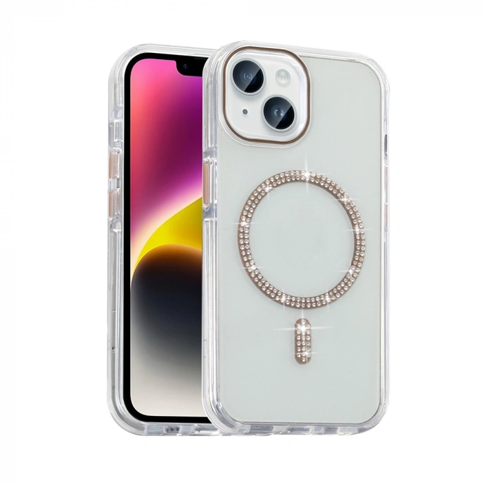 Apple iPhone 14 Kılıf Taşlı Tasarım M-safe Şarj Özellikli Zore Koment Silikon Kapak