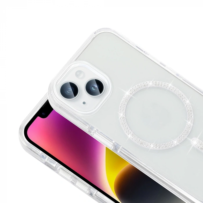 Apple iPhone 14 Kılıf Taşlı Tasarım M-safe Şarj Özellikli Zore Koment Silikon Kapak