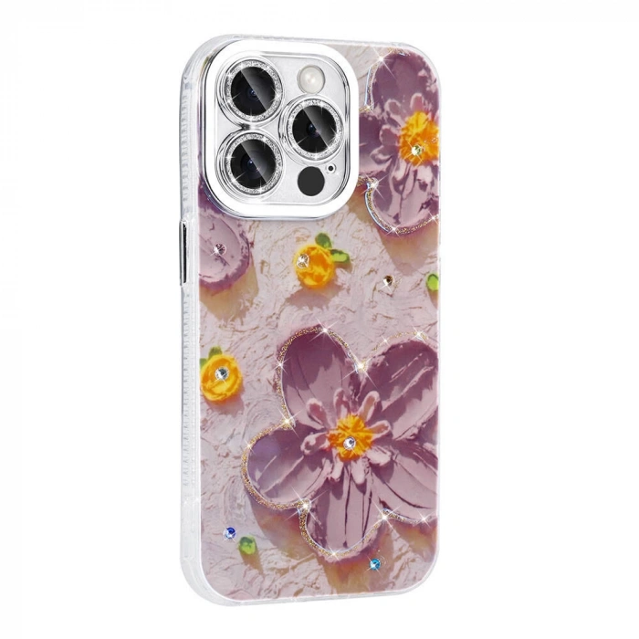 Apple iPhone 14 Pro Max Kılıf Çiçek Desenli Parlak Taşlı Sert Silikon Zore Garden Kapak