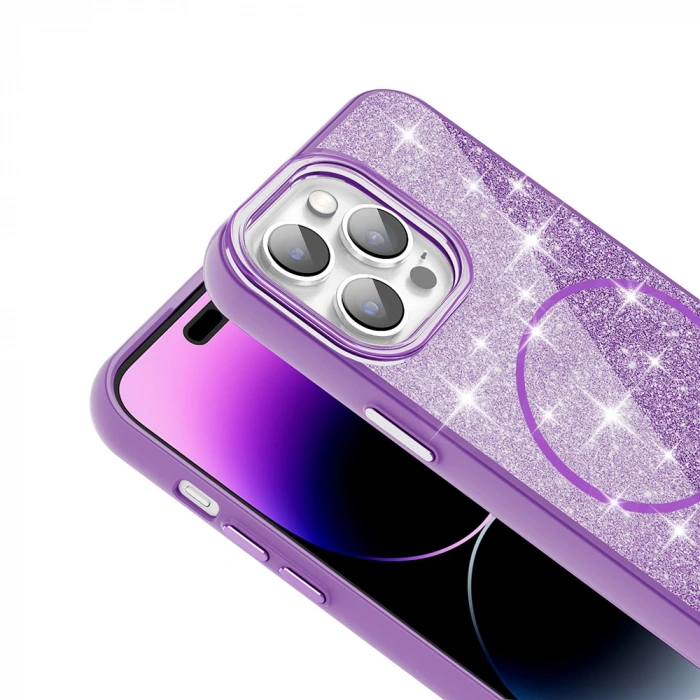 Apple iPhone 14 Pro Max Kılıf M-safe Şarj Özellikli Parlayan Simli Zore Okso Kapak