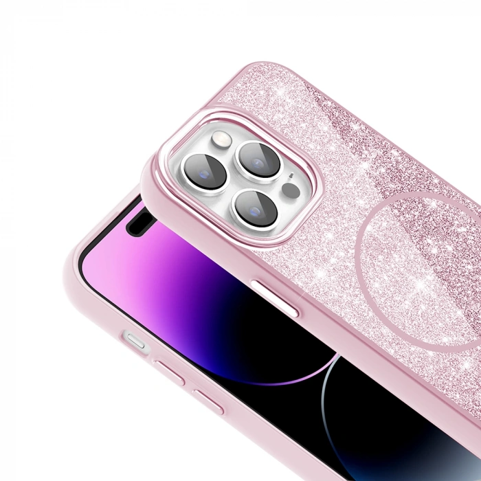 Apple iPhone 14 Pro Max Kılıf M-safe Şarj Özellikli Parlayan Simli Zore Okso Kapak