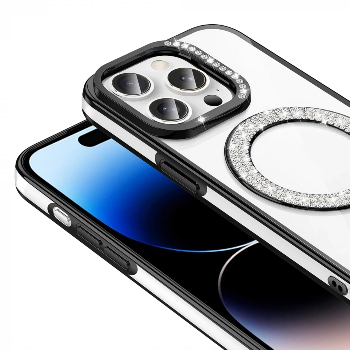 Apple iPhone 14 Pro Max Kılıf Pırlanta Taş Tasarımlı M-safe Şarj Özellikli Zore Karetta Silikon Kapak