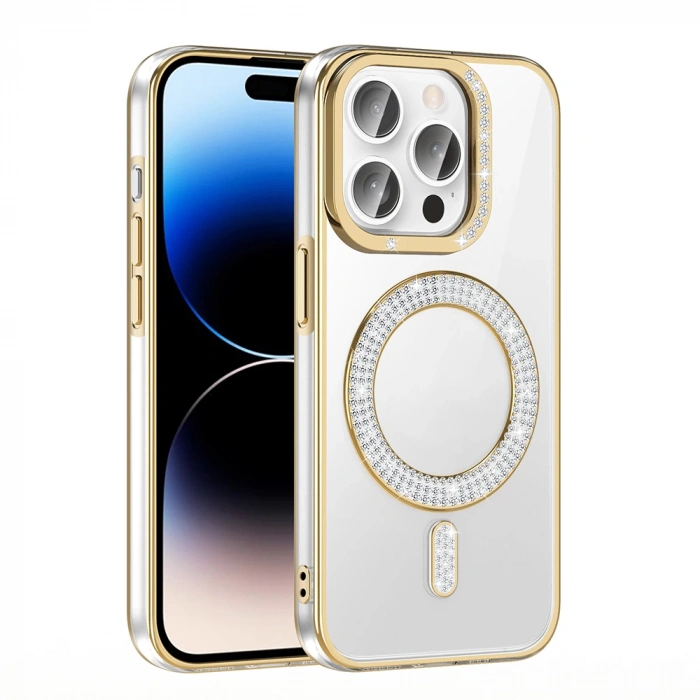 Apple iPhone 14 Pro Max Kılıf Pırlanta Taş Tasarımlı M-safe Şarj Özellikli Zore Karetta Silikon Kapak