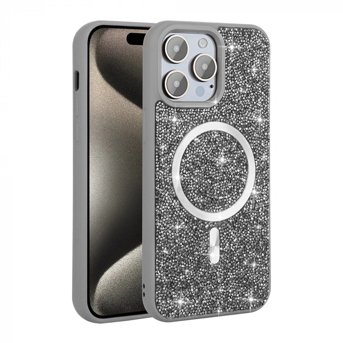 Apple iPhone 14 Pro Max Kılıf Pırlanta Tasarımlı M-safe Şarj Özellikli Zore Mozaik Silikon Kapak