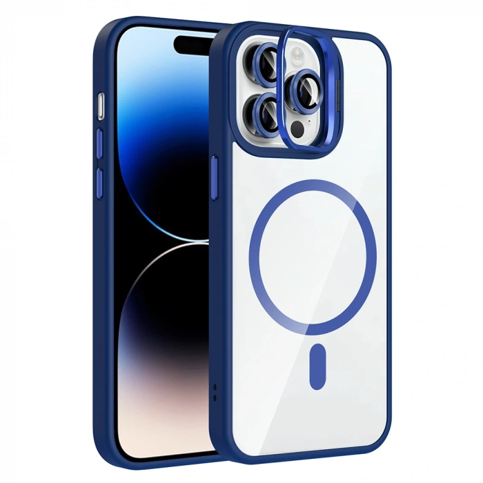 Apple iPhone 14 Pro Max Kılıf Standlı ve Kamera Lens Hediyeli M-Safe Şarj Özellikli Zore Etro Kapak