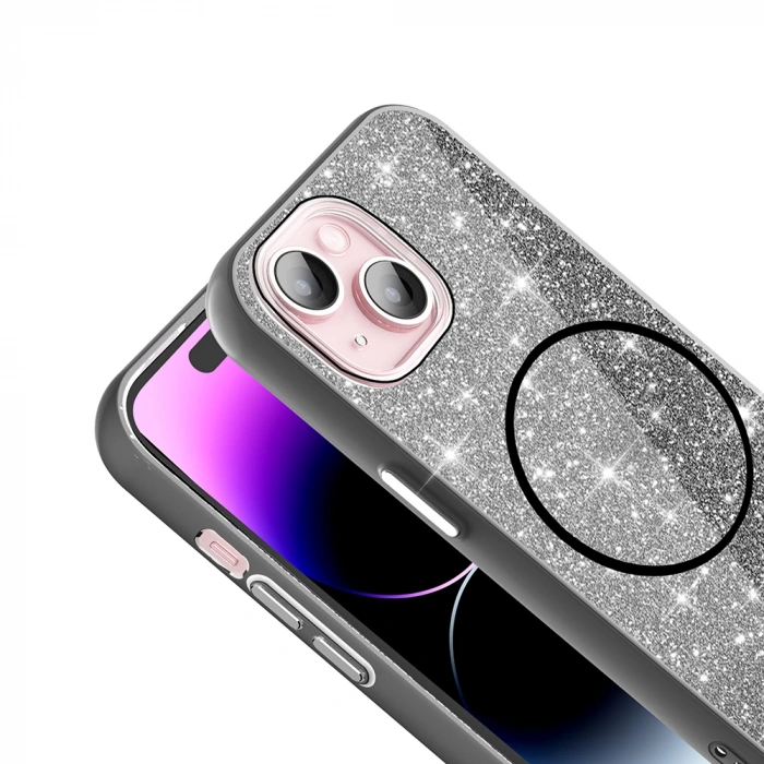 Apple iPhone 15 Kılıf M-safe Şarj Özellikli Parlayan Simli Zore Okso Kapak