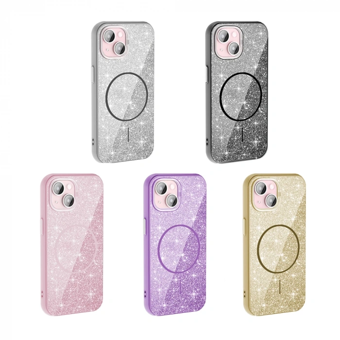 Apple iPhone 15 Kılıf M-safe Şarj Özellikli Parlayan Simli Zore Okso Kapak