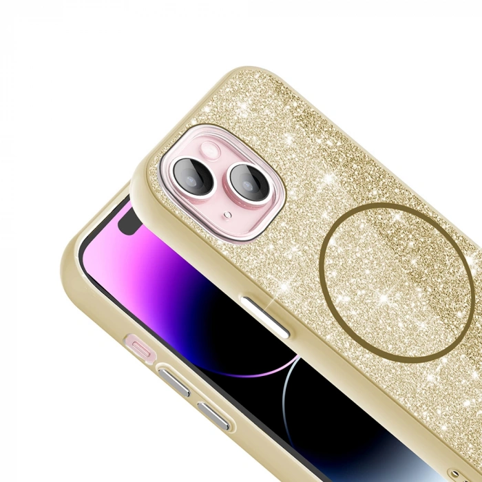 Apple iPhone 15 Kılıf M-safe Şarj Özellikli Parlayan Simli Zore Okso Kapak